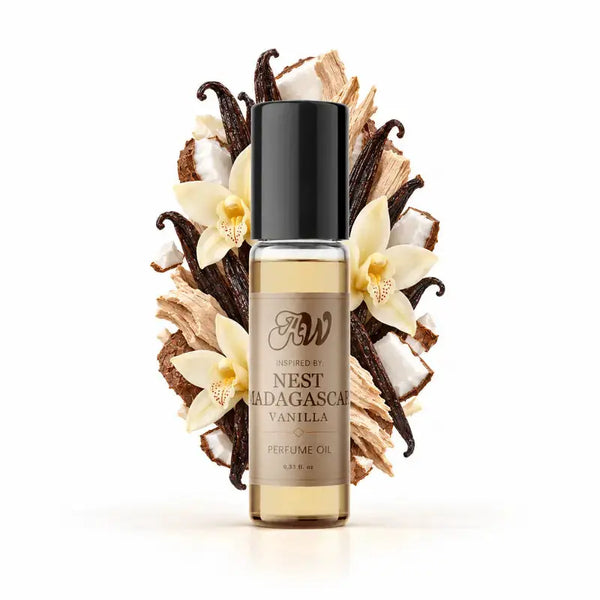 Ancient Wellness unisex alcohol-free perfume oil inspired by Nest: Madagascar Vanilla with fragrance notes and bottle