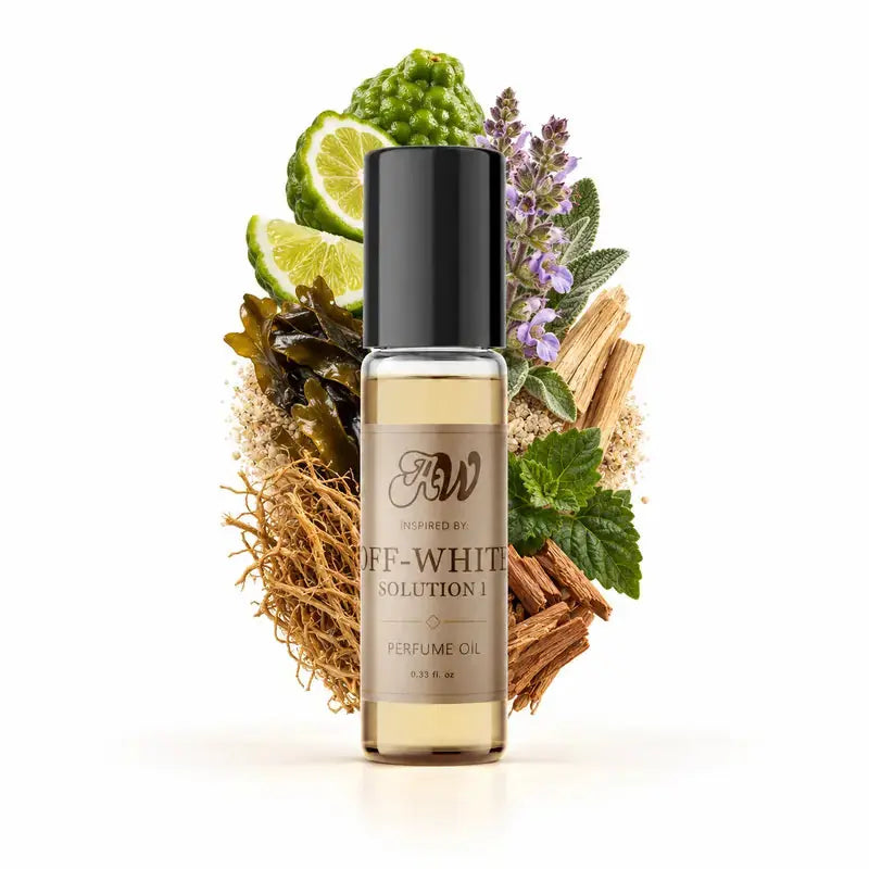 Ancient Wellness unisex alcohol-free perfume oil inspired by Off White: Solution 1 with fragrance notes and bottle