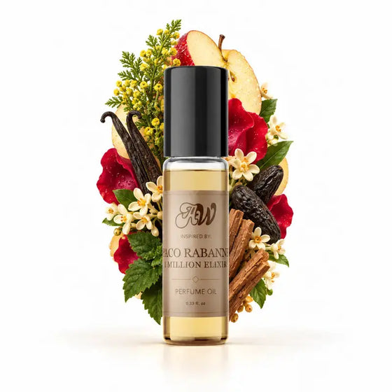 Ancient Wellness unisex alcohol-free perfume oil inspired by Paco Rabanne: 1 Million Elixir with fragrance notes and bottle