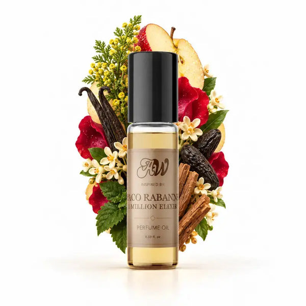 Ancient Wellness unisex alcohol-free perfume oil inspired by Paco Rabanne: 1 Million Elixir with fragrance notes and bottle