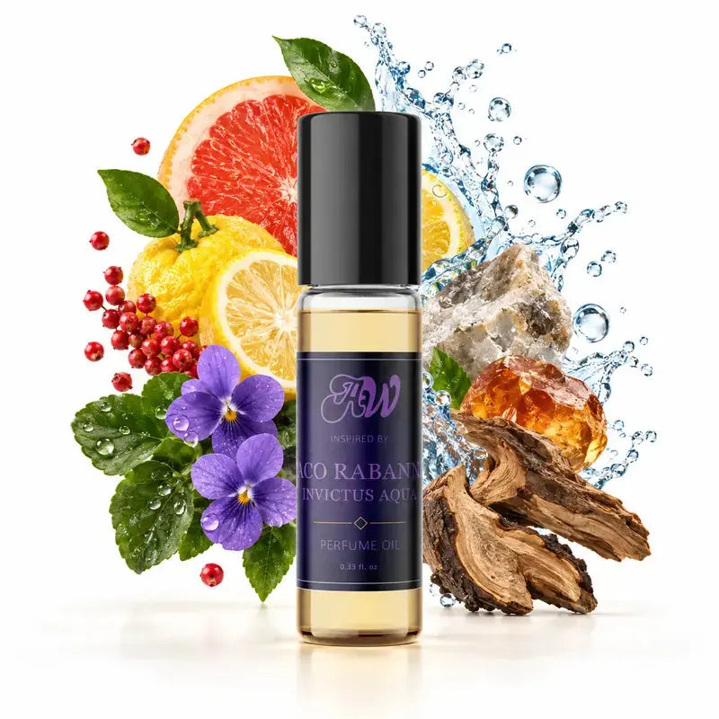Ancient Wellness men’s alcohol-free perfume oil inspired by Paco Rabanne: Invictus Aqua with fragrance notes and bottle