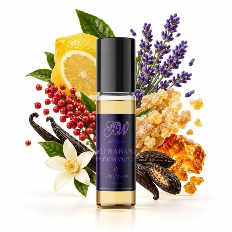 Ancient Wellness men’s alcohol-free perfume oil inspired by Paco Rabanne: Invictus Victory with fragrance notes and bottle