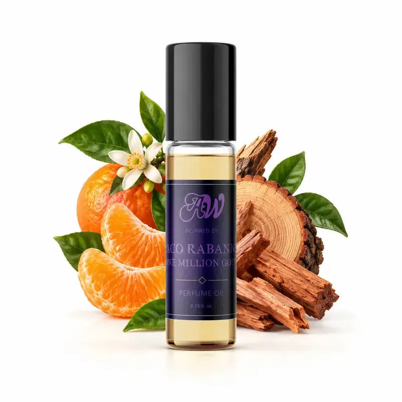 Ancient Wellness men’s alcohol-free perfume oil inspired by Paco Rabanne: One Million Gold with fragrance notes and bottle
