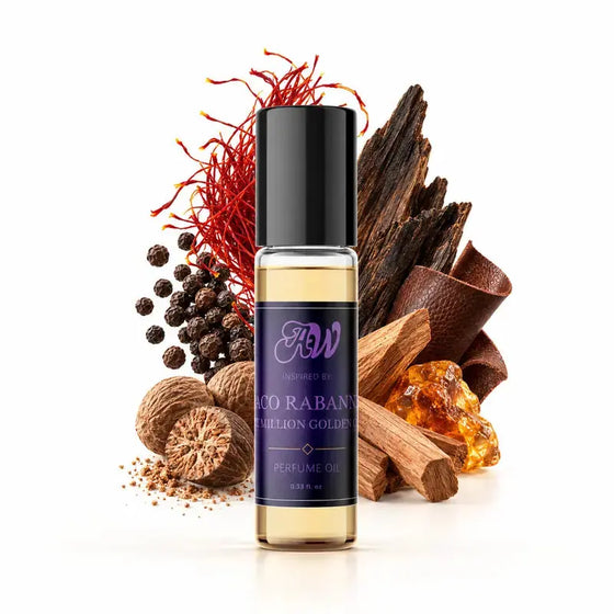Ancient Wellness men’s alcohol-free perfume oil inspired by Paco Rabanne: One Million Golden Oud with fragrance notes and bottle