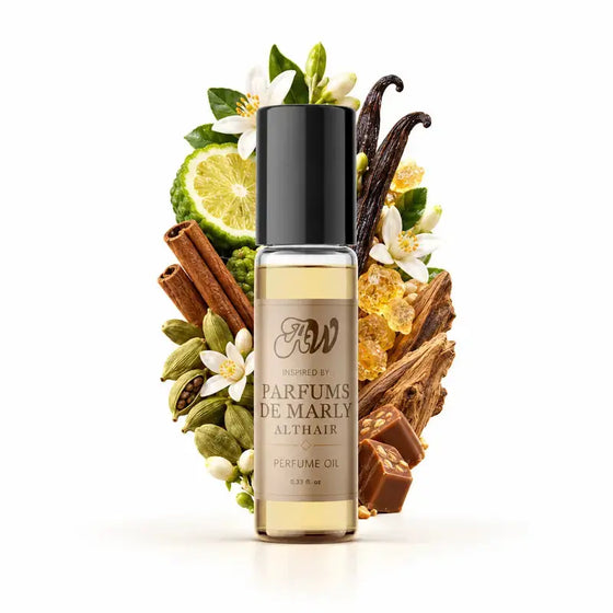 Ancient Wellness unisex alcohol-free perfume oil inspired by Parfums De Marly: Althair with fragrance notes and bottle