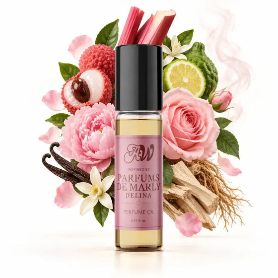 Ancient Wellness women’s alcohol-free perfume oil inspired by Parfums De Marly: Delina with fragrance notes and bottle