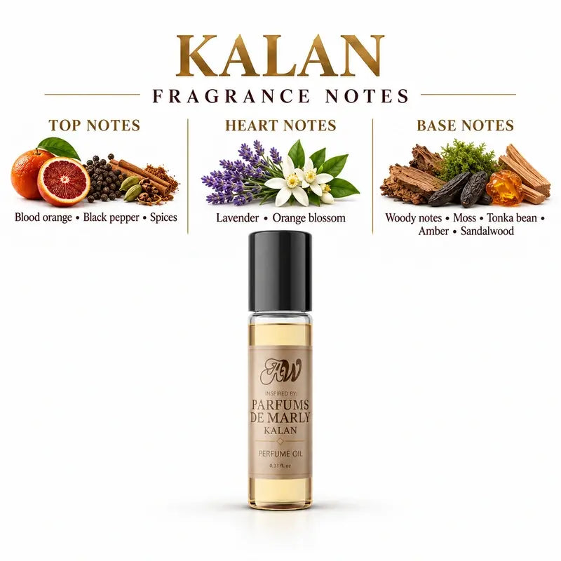 Fragrance notes guide for Ancient Wellness unisex alcohol-free perfume oil inspired by Parfums De Marly: Kalan