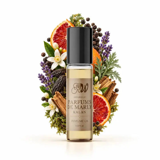 Ancient Wellness unisex alcohol-free perfume oil inspired by Parfums De Marly: Kalan with fragrance notes and bottle