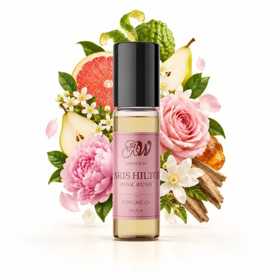 Ancient Wellness women’s alcohol-free perfume oil inspired by Paris Hilton: Pink Rush with fragrance notes and bottle