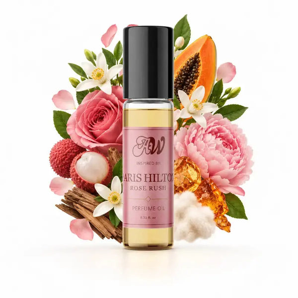 Ancient Wellness women’s alcohol-free perfume oil inspired by Paris Hilton: Rose Rush with fragrance notes and bottle