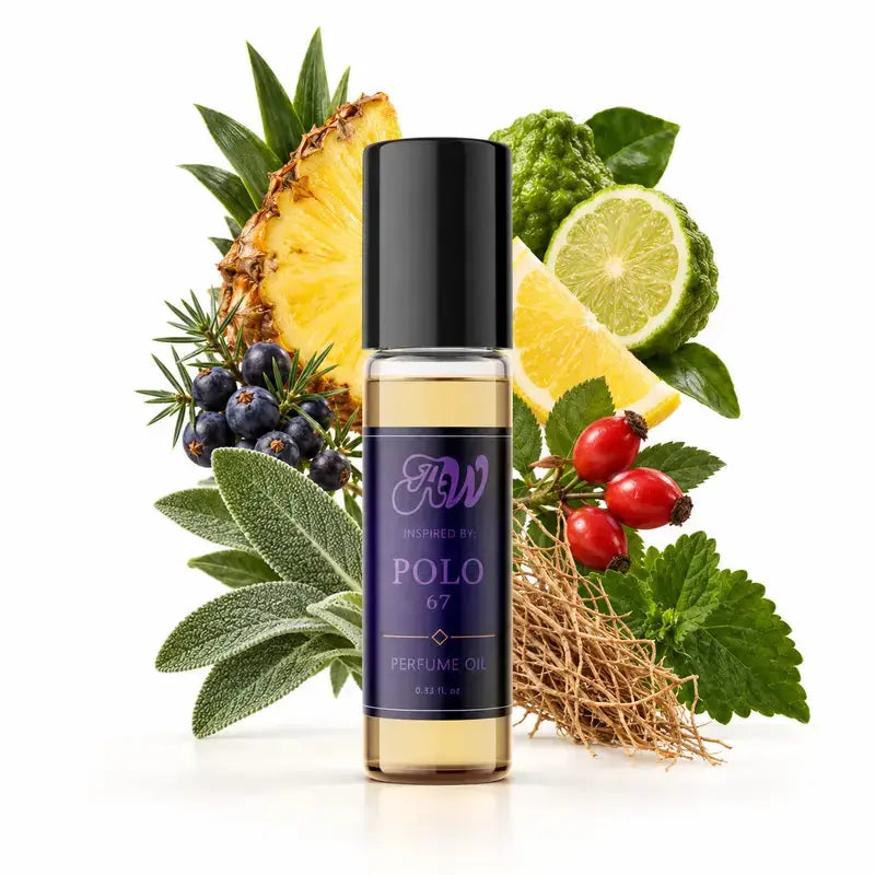 Ancient Wellness men’s alcohol-free perfume oil inspired by Polo: 67 with fragrance notes and bottle
