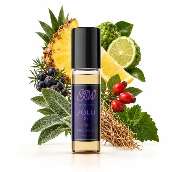 Ancient Wellness men’s alcohol-free perfume oil inspired by Polo: 67 with fragrance notes and bottle