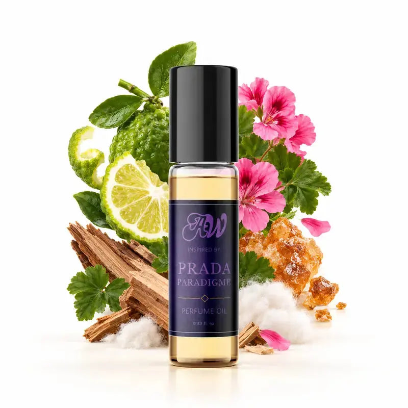 Ancient Wellness men’s alcohol-free perfume oil inspired by Prada: Paradigme with fragrance notes and bottle