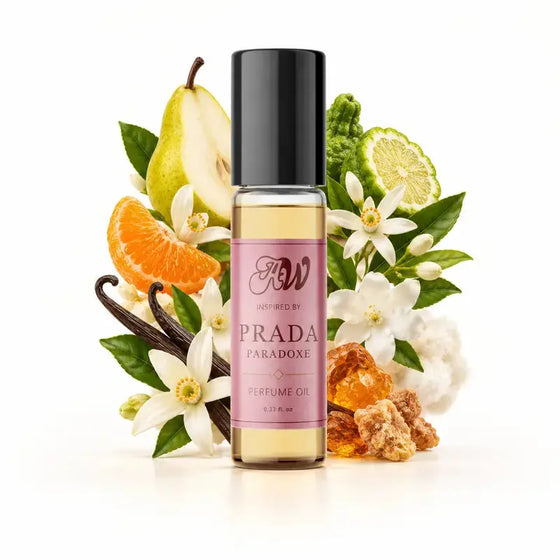 Ancient Wellness women’s alcohol-free perfume oil inspired by Prada: Paradoxe with fragrance notes and bottle
