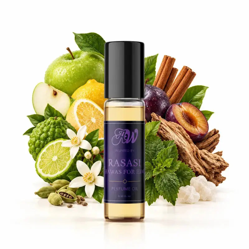 Ancient Wellness men’s alcohol-free perfume oil inspired by Rasasi: Hawas For Him with fragrance notes and bottle