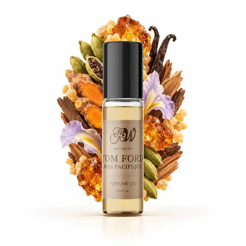 Ancient Wellness unisex alcohol-free perfume oil inspired by Tom Ford: Bois Pacifique with fragrance notes and bottle