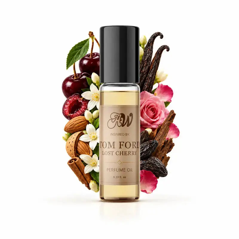 Ancient Wellness unisex alcohol-free perfume oil inspired by Tom Ford: Lost Cherry with fragrance notes and bottle