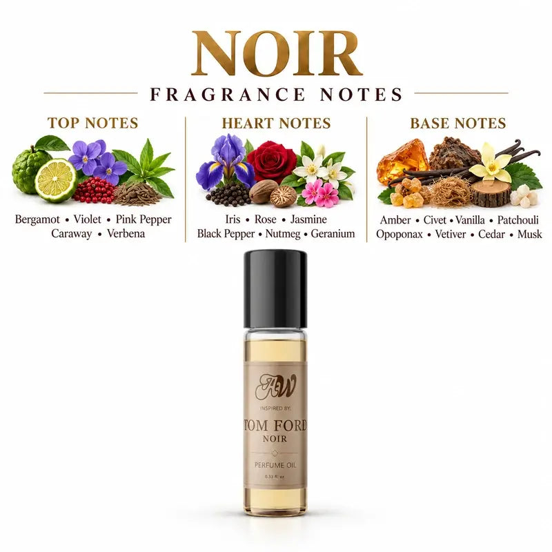 Ancient Wellness unisex alcohol-free perfume oil inspired by Tom Ford: Noir with fragrance notes and bottle