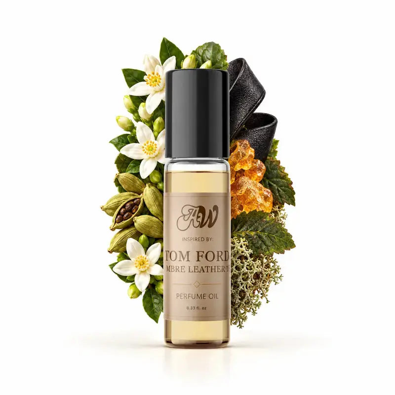 Ancient Wellness unisex alcohol-free perfume oil inspired by Tom Ford: Ombre Leather 18 with fragrance notes and bottle