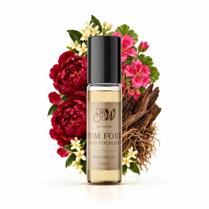 Ancient Wellness unisex alcohol-free perfume oil inspired by Tom Ford: Oud Voyager with fragrance notes and bottle