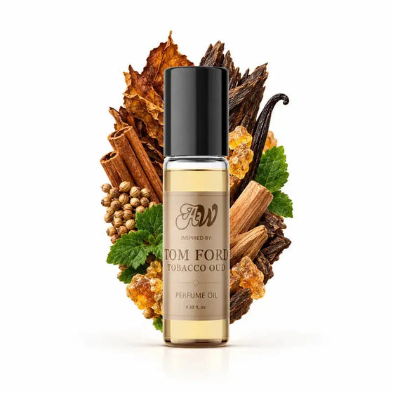 Ancient Wellness unisex alcohol-free perfume oil inspired by Tom Ford: Tobacco Oud with fragrance notes and bottle