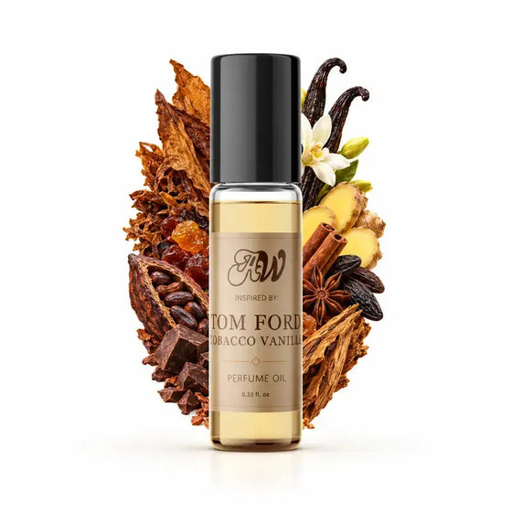 Ancient Wellness unisex alcohol-free perfume oil inspired by Tom Ford: Tobacco Vanille with fragrance notes and bottle