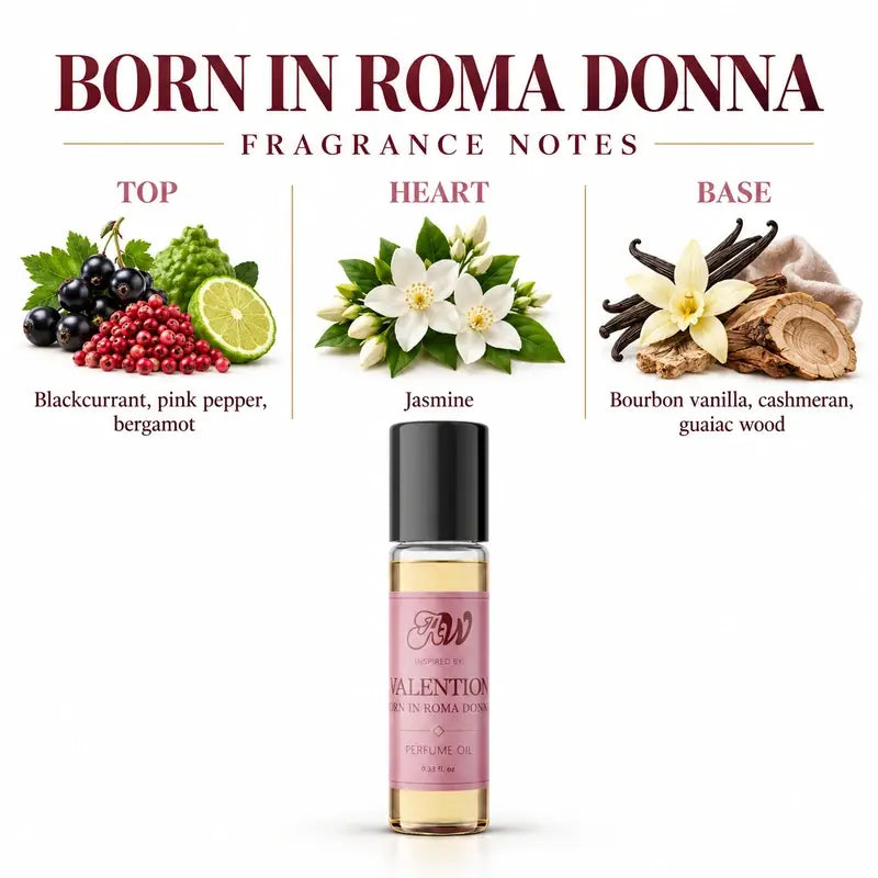 Ancient Wellness women’s alcohol-free perfume oil inspired by Valentino: Born In Roma Donna with fragrance notes and bottle