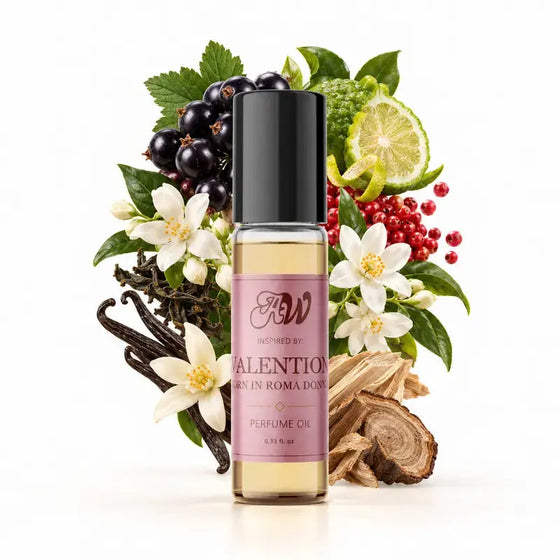 Ancient Wellness women’s alcohol-free perfume oil inspired by Valentino: Born In Roma Donna with fragrance notes and bottle