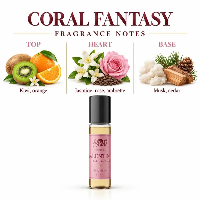Ancient Wellness women’s alcohol-free perfume oil inspired by Valentino: Coral Fantasy with fragrance notes and bottle