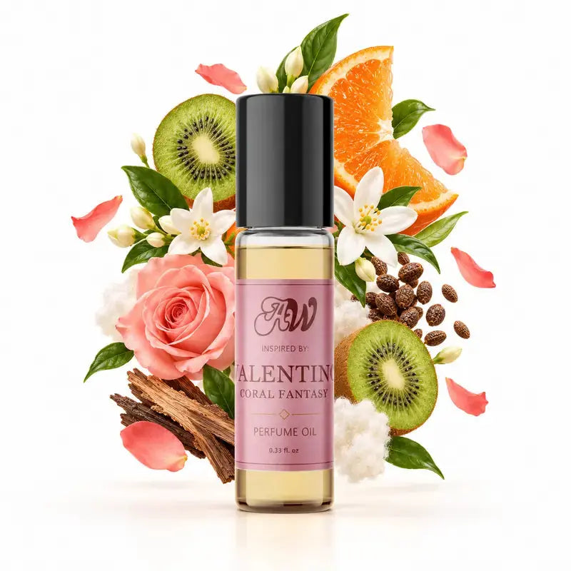 Ancient Wellness women’s alcohol-free perfume oil inspired by Valentino: Coral Fantasy with fragrance notes and bottle
