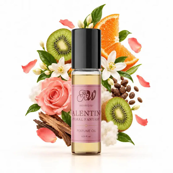 Ancient Wellness women’s alcohol-free perfume oil inspired by Valentino: Coral Fantasy with fragrance notes and bottle