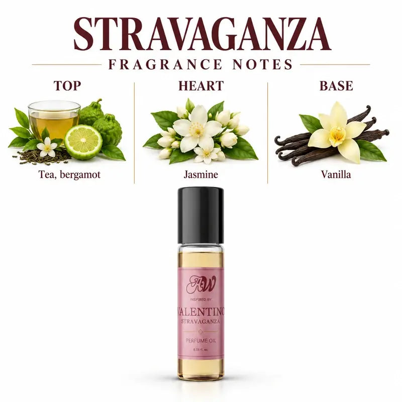 Ancient Wellness women’s alcohol-free perfume oil inspired by Valentino: Stravaganza with fragrance notes and bottle