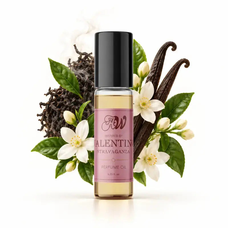Ancient Wellness women’s alcohol-free perfume oil inspired by Valentino: Stravaganza with fragrance notes and bottle
