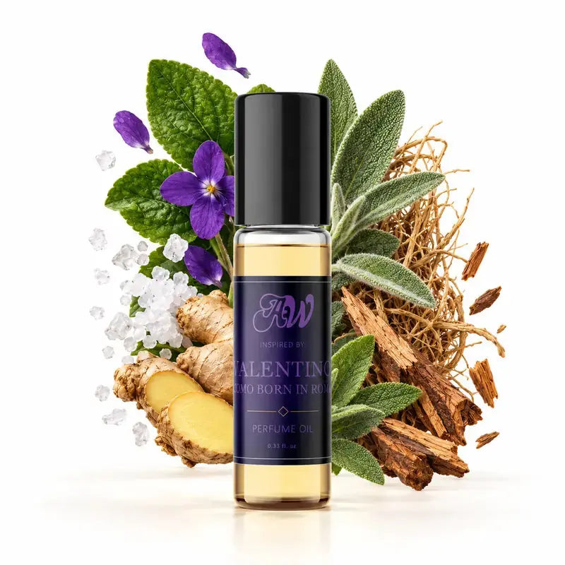 Ancient Wellness men’s alcohol-free perfume oil inspired by Valentino: Uomo Born In Roma with fragrance notes and bottle