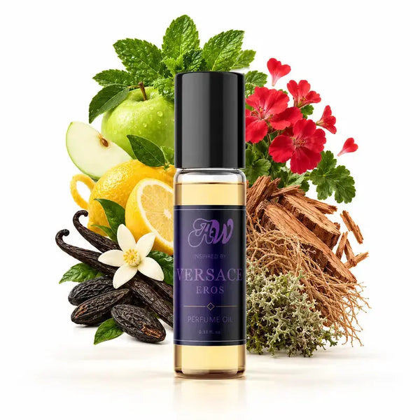 Ancient Wellness men’s alcohol-free perfume oil inspired by Versace: Eros with fragrance notes and bottle