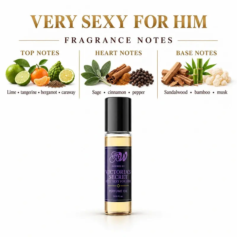 Ancient Wellness men’s alcohol-free perfume oil inspired by Victoria's Secret: Very Sexy For Him with fragrance notes and bottle