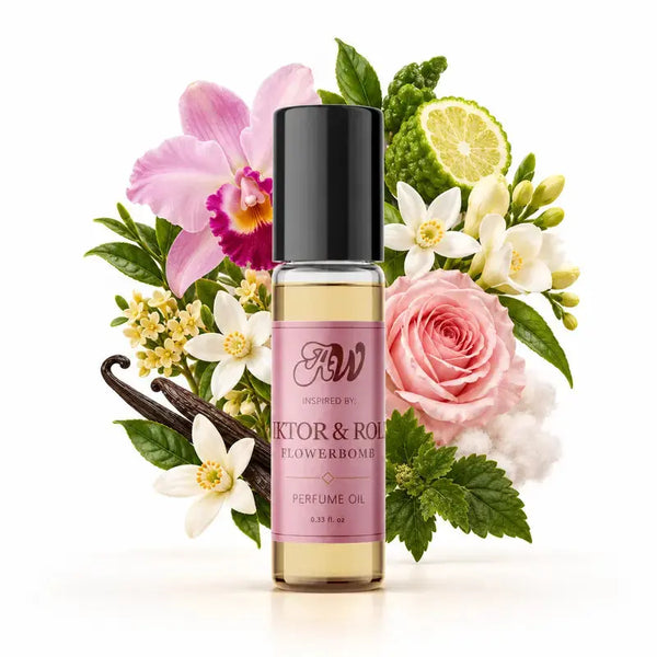 Ancient Wellness women’s alcohol-free perfume oil inspired by VIKTOR&ROLF: Flowerbomb with fragrance notes and bottle