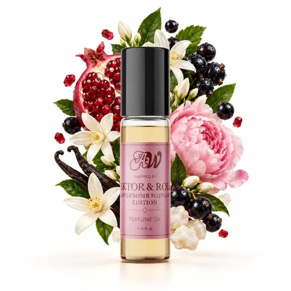 Ancient Wellness women’s alcohol-free perfume oil inspired by VIKTOR&ROLF: Flowerbomb Midnight Edition with fragrance notes and bottle