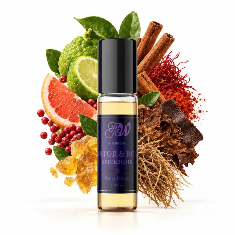 Ancient Wellness men’s alcohol-free perfume oil inspired by VIKTOR&ROLF: Spicebomb with fragrance notes and bottle
