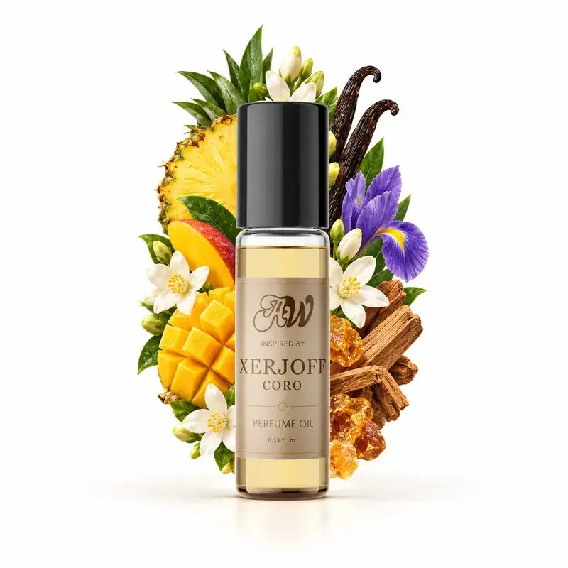 Ancient Wellness unisex alcohol-free perfume oil inspired by Xerjoff: Coro with fragrance notes and bottle