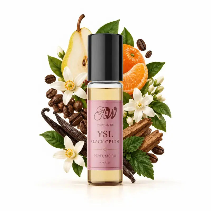 Ancient Wellness women’s alcohol-free perfume oil inspired by YSL: Black Opium with fragrance notes and bottle