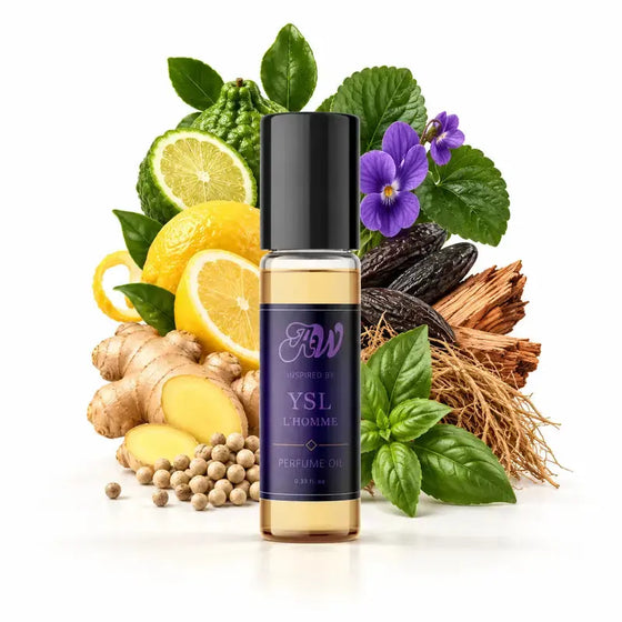 Ancient Wellness men’s alcohol-free perfume oil inspired by YSL: L'Homme with fragrance notes and bottle
