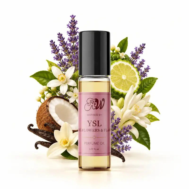 Ancient Wellness women’s alcohol-free perfume oil inspired by YSL: Libre Flowers & Flames with fragrance notes and bottle