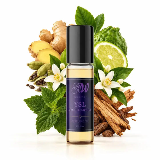 Ancient Wellness men’s alcohol-free perfume oil inspired by YSL: MYSLF L'Absolu with fragrance notes and bottle
