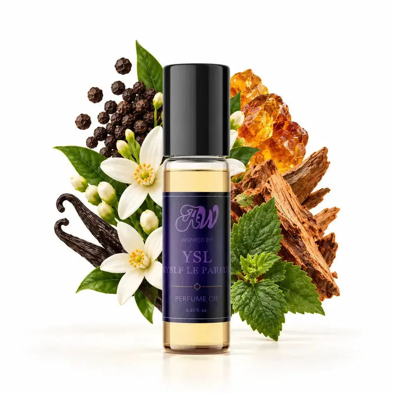 Ancient Wellness men’s alcohol-free perfume oil inspired by YSL: MYSLF Le Parfum with fragrance notes and bottle