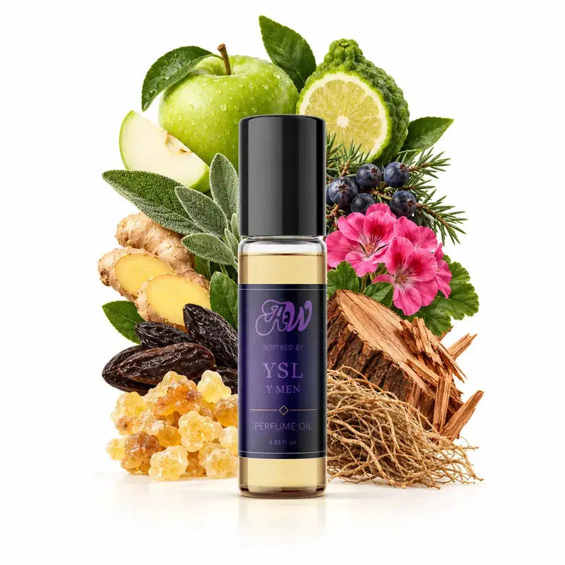 Ancient Wellness men’s alcohol-free perfume oil inspired by YSL: Y with fragrance notes and bottle