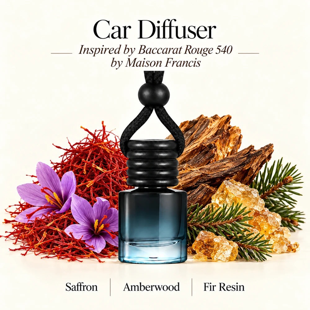 Baccarat Rouge 540 Inspired by Maison Francis car diffuser with Saffron, Amberwood, Fir Resin scent imagery by Ancient Wellness