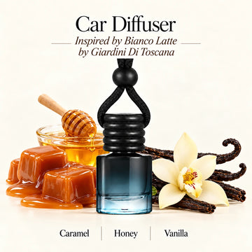 Bianco Latte Inspired by Giardini Di Toscana car diffuser with Caramel, Honey, Vanilla scent imagery by Ancient Wellness