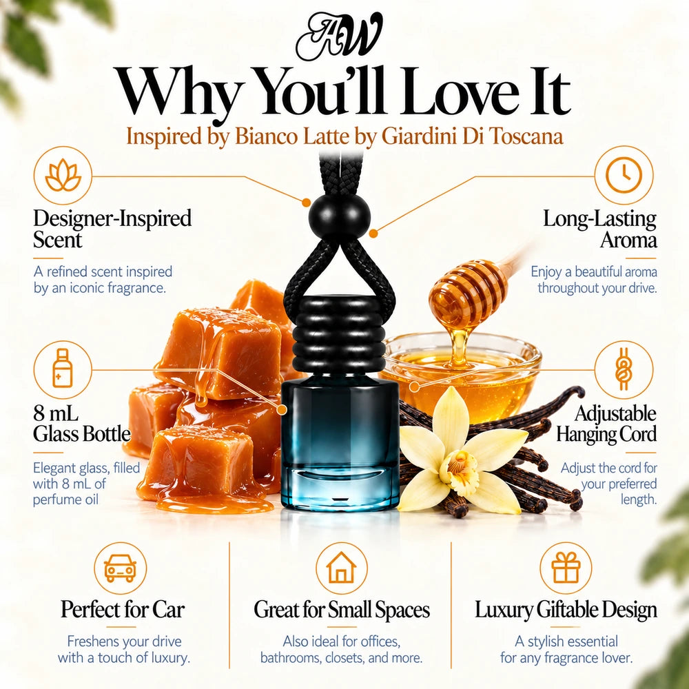 Bianco Latte car diffuser benefits infographic with Caramel, Honey, Vanilla imagery by Ancient Wellness