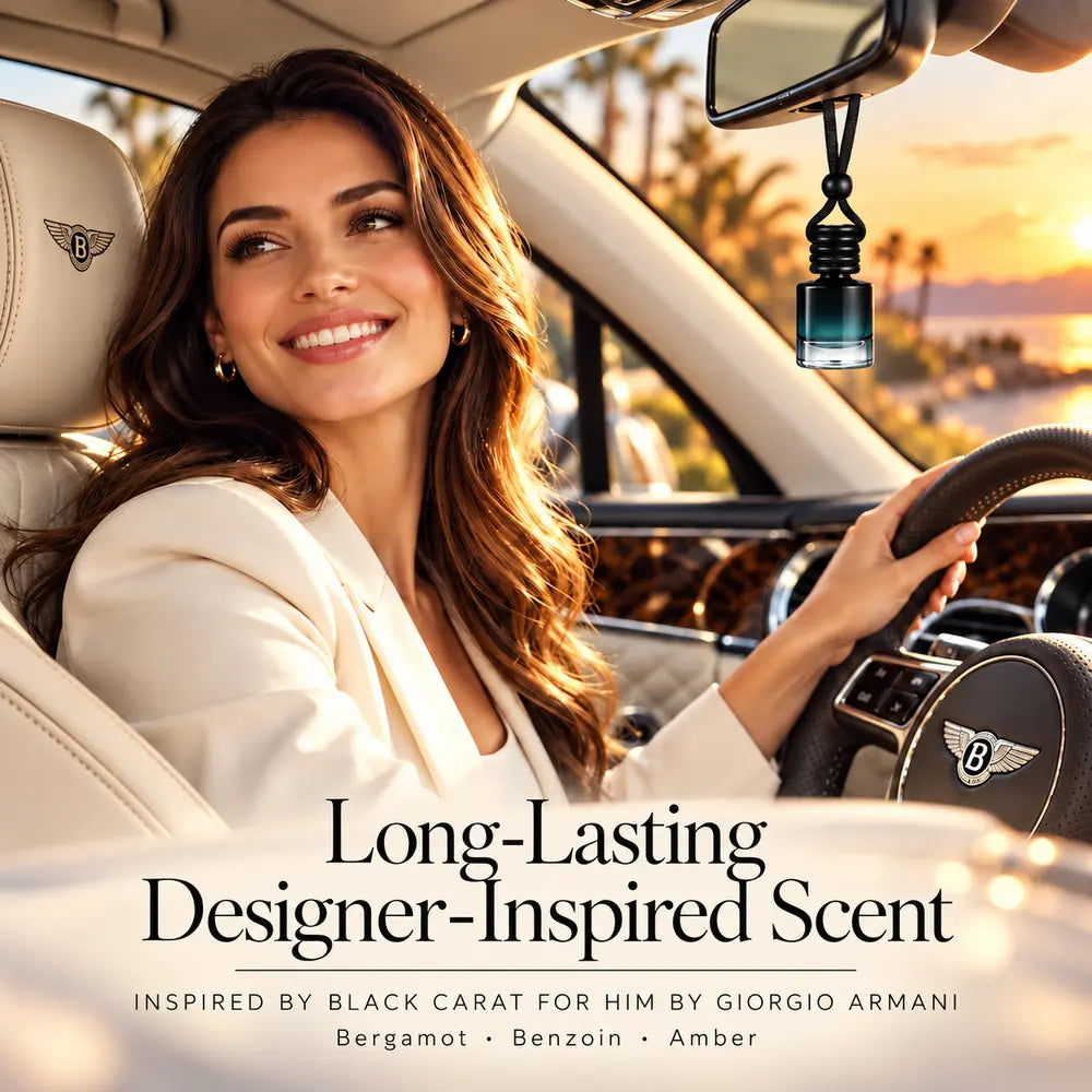 Black Carat For Him inspired car diffuser in a warm luxury car lifestyle scene
